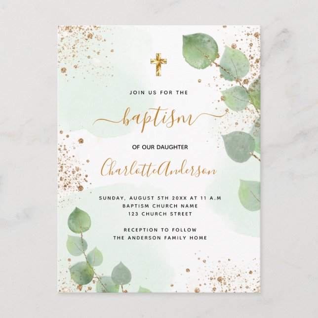 Invitation Carte Postale Baptême eucalyptus vert parties scintillant script (Devant)