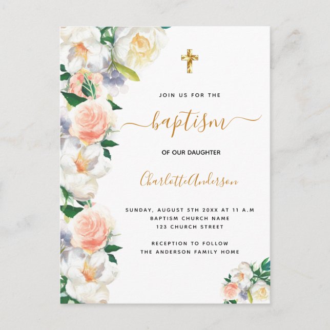 Invitation Carte Postale Baptême fleurons couleur eau rose blanc élégant (Devant)