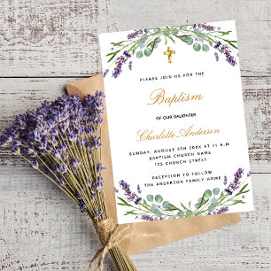 Invitation Carte Postale Baptême lavande violet fleurs eucalyptus vert