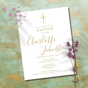 Invitation Carte Postale Baptême Moderne Christening Signature Script Or
