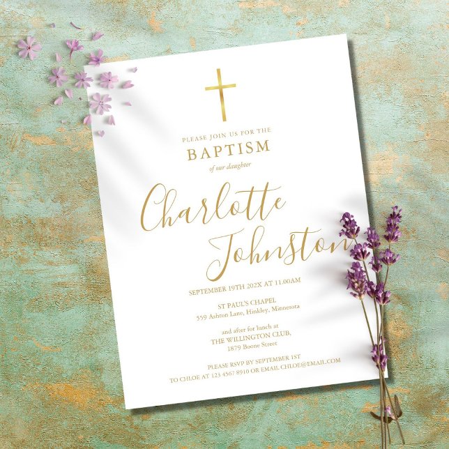 Invitation Carte Postale Baptême Moderne Christening Signature Script Or (Créateur téléchargé)