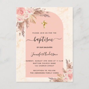 Invitation Carte Postale Baptême pampas herbe rose or rousse marbre rose