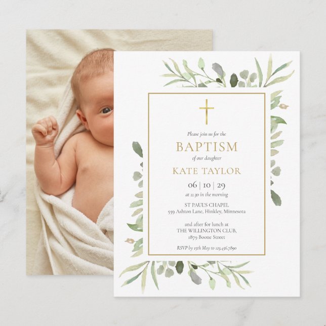 Invitation Carte Postale Baptême Photo de verdure (Devant / Derrière)