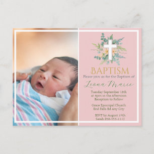 Invitation Carte Postale Baptême photo en or faux floral aquarelle verte