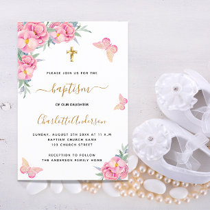 Invitation Carte Postale Baptême rose rousse florales papillon fille
