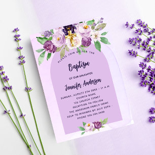 Invitation Carte Postale Baptême violet fleurs violet croix fille