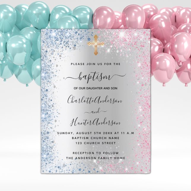 Invitation Carte Postale Baptism silver blue pink twins boy girl (Créateur téléchargé)