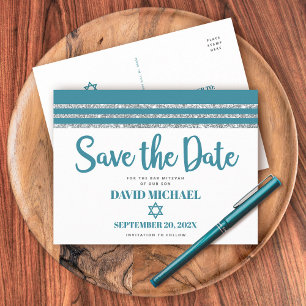 Invitation Carte Postale Bar Mitzvah Date de sauvegarde Turquoise Silver Ta