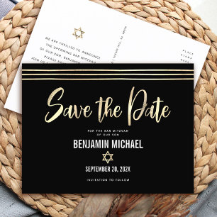 Invitation Carte Postale Bar Mitzvah Enregistrer la date Black Gold Foil Sc