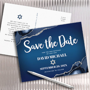 Invitation Carte Postale Bar Mitzvah Enregistrer la date Marine Ombre Agate