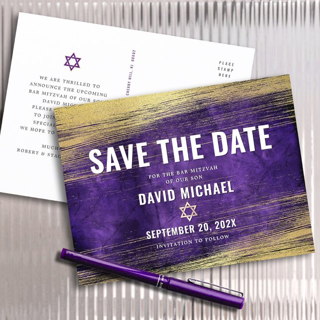 Invitation Carte Postale Bar Mitzvah Enregistrer la date Purple Ombre Gold  (Créateur téléchargé)