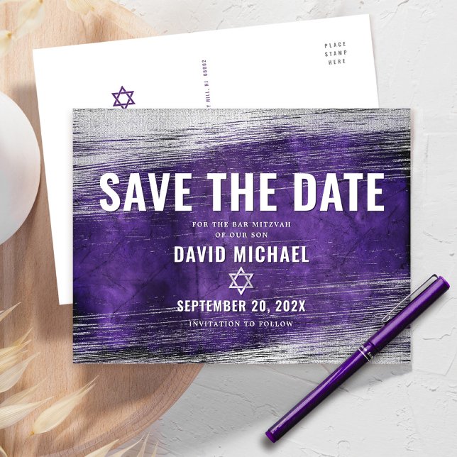 Invitation Carte Postale Bar Mitzvah Enregistrer la date Purple Ombre Silve (Créateur téléchargé)