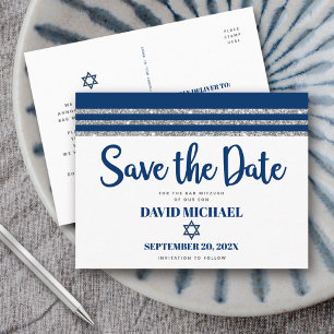 Invitation Carte Postale Bar Mitzvah Enregistrez la date Tallit bleu marine