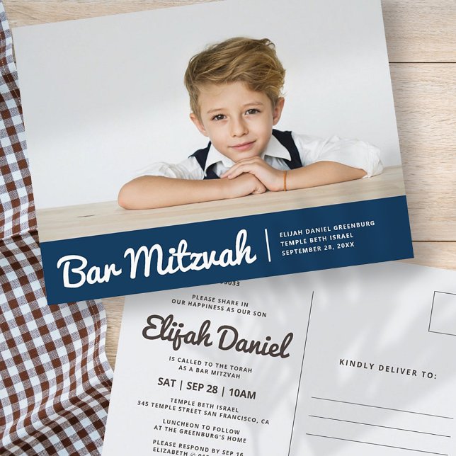Invitation Carte Postale Bar Mitzvah Moderne Simple Photo personnalisée Inv (Créateur téléchargé)