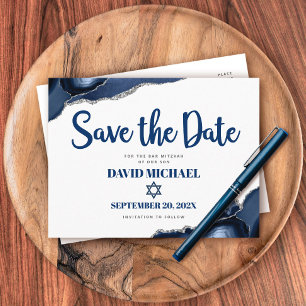 Invitation Carte Postale Bar Mitzvah Save the Date Navy Blue Agate Script