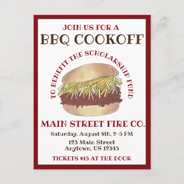 Invitation Carte Postale Barbecue barbecue annuel Barbecue Sandwich Cookoff (Devant)