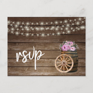 Invitation Carte Postale Baril de bois rustique et floral rose - RSVP