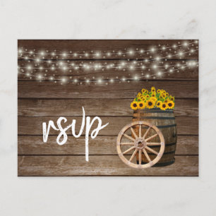 Invitation Carte Postale Baril de bois rustique et tournesol - RSVP