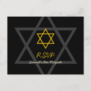 Invitation Carte Postale Barre noire et or Mitzvah RSVP