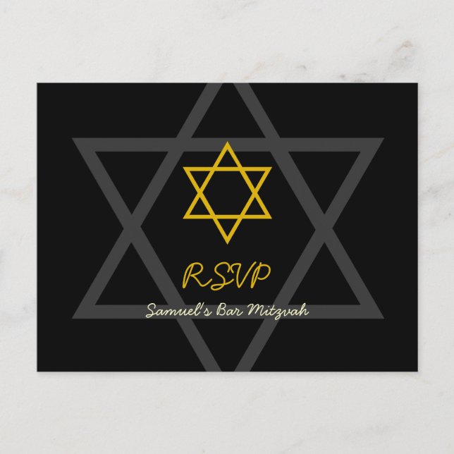 Invitation Carte Postale Barre noire et or Mitzvah RSVP (Devant)