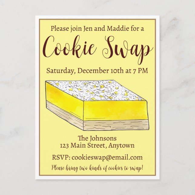 Invitation Carte Postale Bars à citron Carrés Vente de gâteau Cookie Swap P (Devant)