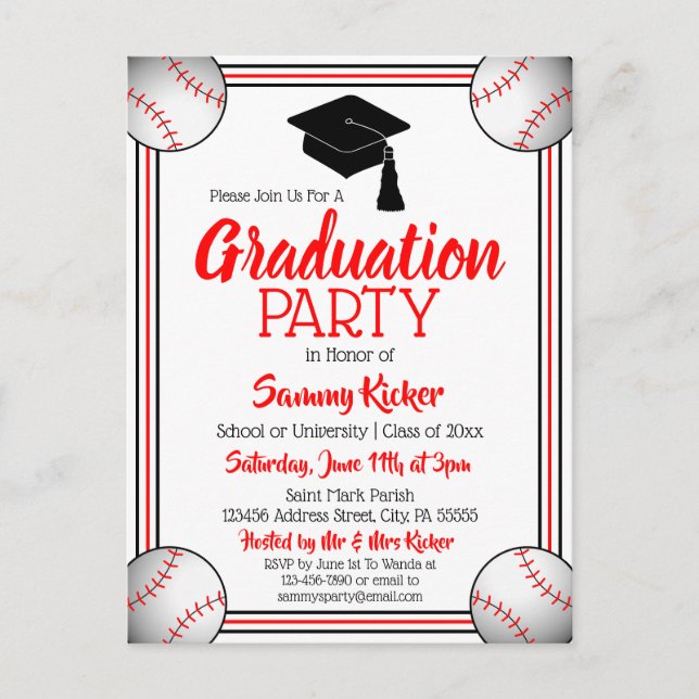 Invitation Carte Postale Baseball Red & Black Graduation Party (Devant)