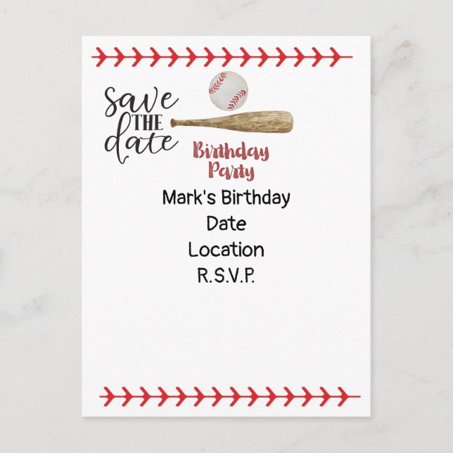 Invitation Carte Postale Baseball Sauvez la date d'anniversaire (Devant)
