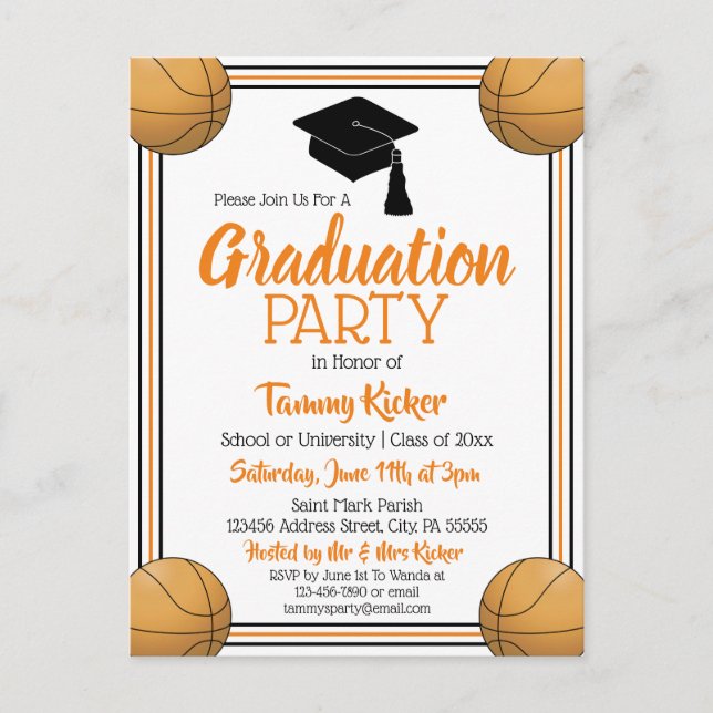Invitation Carte Postale Basketball Orange & Black Graduation Party (Devant)