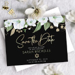 Invitation Carte Postale Bat mitzvah Black Gold Script Aquarelle Floral<br><div class="desc">Assurez-vous que tous vos amis et parents pourront célébrer le Bat mitzvah de votre fille! Envoyez cette carte postale chic et personnalisée "Save the Date" faire-part. Une aquarelle florale chic, étonnante, blanche et dorée parties scintillant avec typographie de script de feuille d'or et type de san serif blanc chevauche un...</div>
