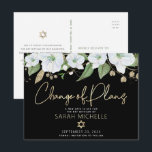 Invitation Carte Postale Bat mitzvah Black Gold Script Floral Aquarelle<br><div class="desc">Assurez-vous que tous vos amis et parents pourront encore célébrer le Bat mitzvah d’étape de votre fille, quelles que soient les circonstances imprévues dans le monde. Envoyez cette carte postale chic et personnalisée "Changement de plan". Une aquarelle florale chic, étonnante, blanche et dorée parties scintillant avec typographie de script de...</div>