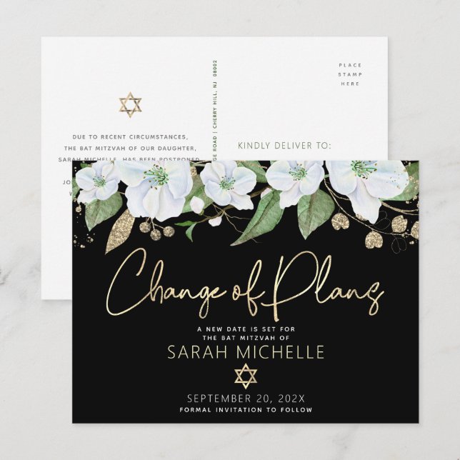 Invitation Carte Postale Bat mitzvah Black Gold Script Floral Aquarelle (Devant / Derrière)