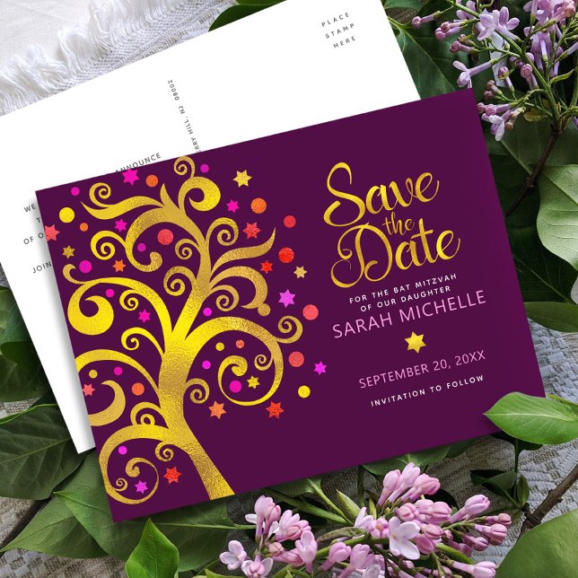 Invitation Carte Postale Bat mitzvah Bourgogne Date de sauvegarde Gold Tree (Créateur téléchargé)