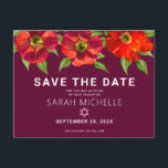 Invitation Carte Postale Bat mitzvah Bourgogne Enregistrer la date Floral A<br><div class="desc">Assurez-vous que tous vos amis et parents pourront célébrer le Bat mitzvah de votre fille! Envoyez cette aquarelle chic, étonnante, rouge florale avec le type san serif moderne contre un arrière - plan bordeaux, personnalisée "Save the Date" carte postale faire-part. Personnalisez le texte personnalisé avec le nom et la date...</div>