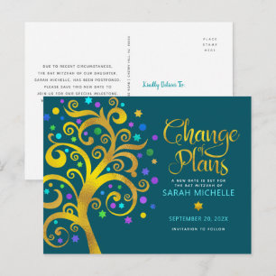 Invitation Carte Postale Bat mitzvah Changement de plans Gold Tree of Life 