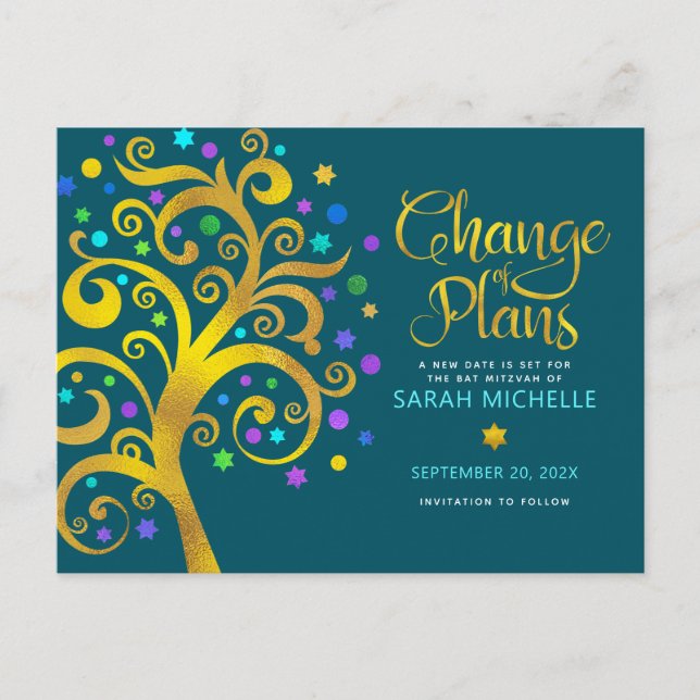 Invitation Carte Postale Bat mitzvah Changement de plans Gold Tree of Life  (Devant)