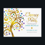 Invitation Carte Postale Bat mitzvah Changement de plans Gold Turquoise Arb<br><div class="desc">Assurez-vous que tous vos amis et parents pourront encore célébrer le Bat mitzvah d’étape de votre fille, quelles que soient les circonstances imprévues dans le monde. Envoyez ce magnifique arbre à feuille d'or, imitation graphique, brillant, turquoise, turquoise, violet et bleu Star de David et pointez "feuilles" sur un arrière -...</div>