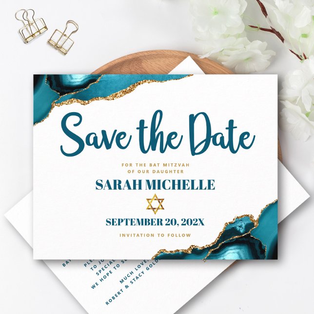 Invitation Carte Postale Bat Mitzvah Date à retenir Turquoise Agate Script (Créateur téléchargé)