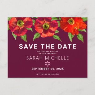 Invitation Carte Postale Bat mitzvah Date de sauvegarde Floral Aquarelle, B