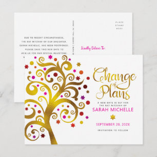 Invitation Carte Postale Bat mitzvah d'or rose Changement de plan Arbre de