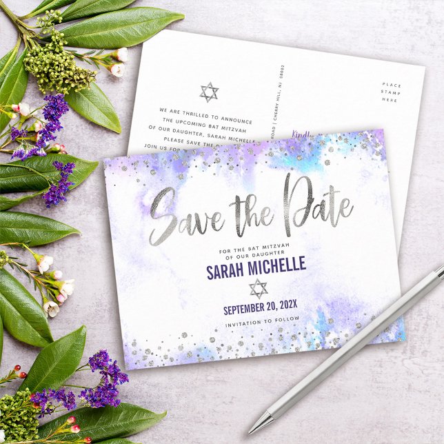 Invitation Carte Postale Bat mitzvah Enregistrer la date Argent Purple Aqua (Créateur téléchargé)