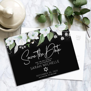 Invitation Carte Postale Bat mitzvah Enregistrer la date Floral Black Silve