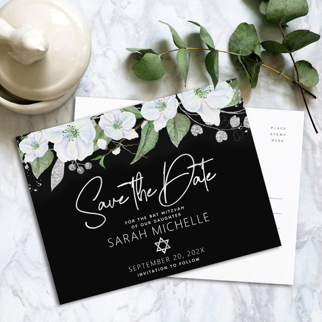 Invitation Carte Postale Bat mitzvah Enregistrer la date Floral Black Silve (Créateur téléchargé)