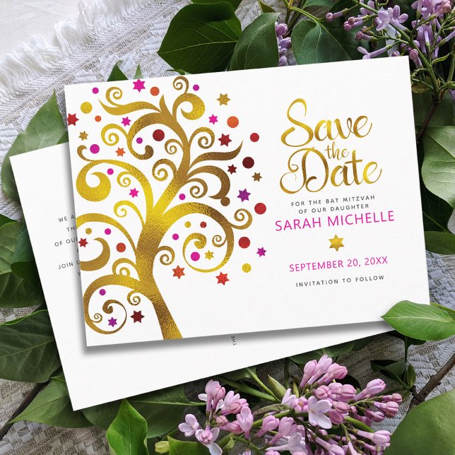 Invitation Carte Postale Bat mitzvah Enregistrer la date Gold & Pink Tree o (Créateur téléchargé)