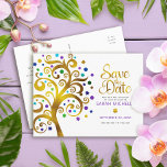 Invitation Carte Postale Bat mitzvah Enregistrer la date Gold Purple Arbre<br><div class="desc">Assurez-vous que tous vos amis et parents pourront célébrer le Bat mitzvah de votre fille! Envoyez ce magnifique arbre à feuille d'or, imitation graphique, brillant, turquoise, turquoise, violet et bleu Star de David et pointez "feuilles" sur un arrière - plan blanc, personnalisée "Enregistrer la date" faire-part. Personnalisez le texte personnalisé...</div>