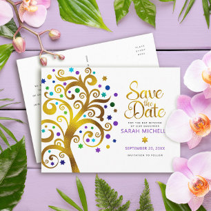 Invitation Carte Postale Bat mitzvah Enregistrer la date Gold Purple Arbre 