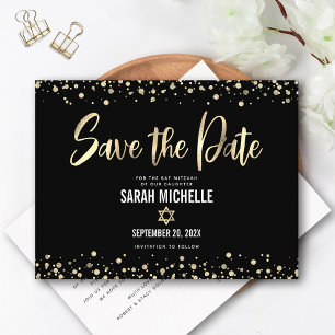 Invitation Carte Postale Bat mitzvah Enregistrer la date moderne Black Gold