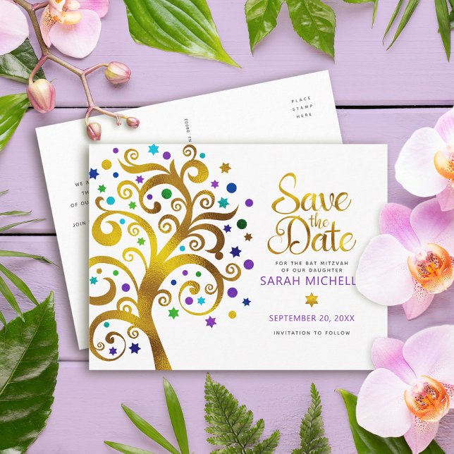 Invitation Carte Postale Bat Mitzvah Enregistrer la date Or Arbre de vie Vi (Créateur téléchargé)
