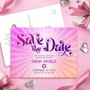 Invitation Carte Postale Bat mitzvah Enregistrer la date Retro rose orange 