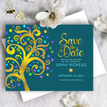 Invitation Carte Postale Bat mitzvah Enregistrer la date Turquoise Gold Tre<br><div class="desc">Assurez-vous que tous vos amis et parents pourront célébrer le Bat mitzvah de votre fille! Envoyez ce magnifique arbre à feuille d'or imitation graphique avec brillant turquoise, turquoise, violet et bleu Star de David et pointez "feuilles" sur un riche arrière - plan bleu turquoise foncé, personnalisé "Save the Date" carte...</div>