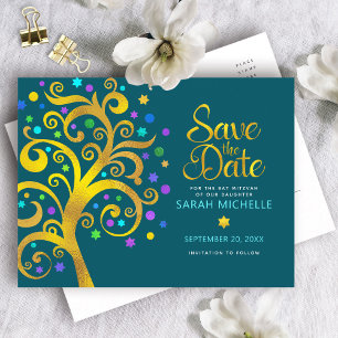 Invitation Carte Postale Bat mitzvah Enregistrer la date Turquoise Gold Tre